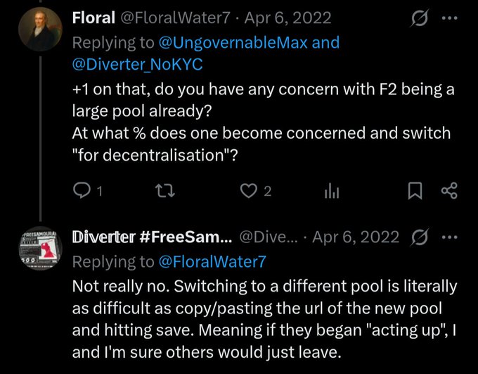 A screenshot of a Twitter exchange from April 6, 2022, where user "Floral @FloralWater7" asks @UngovernableMax and @Diverter_NoKYC about concerns regarding F2 being a large pool and at what percentage decentralization becomes a concern. "Diverter #FreeSam... @Dive..." responds that switching pools is easy—just copy/pasting a URL and hitting save—suggesting miners would simply leave if pools began "acting up," reinforcing the accompanying post's argument that a lack of pool-switching signals agreement rather than inaction being difficult.