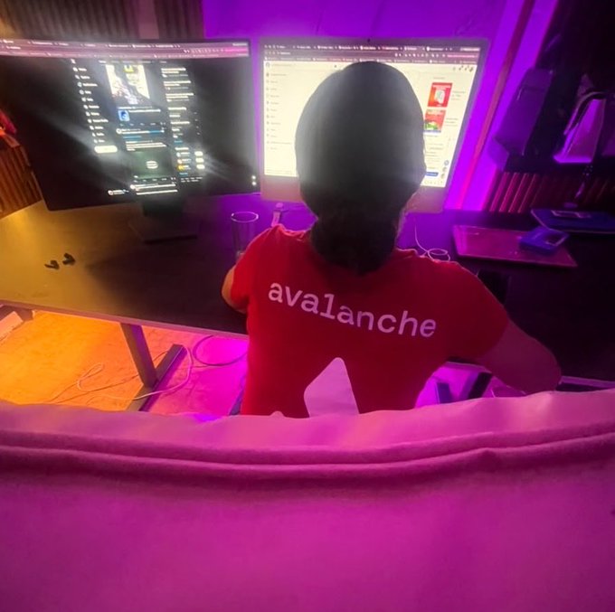 A person wearing a red t-shirt with the word 'avalanche' in white lowercase letters sits at a desk with two computer monitors, bathed in purple ambient lighting.