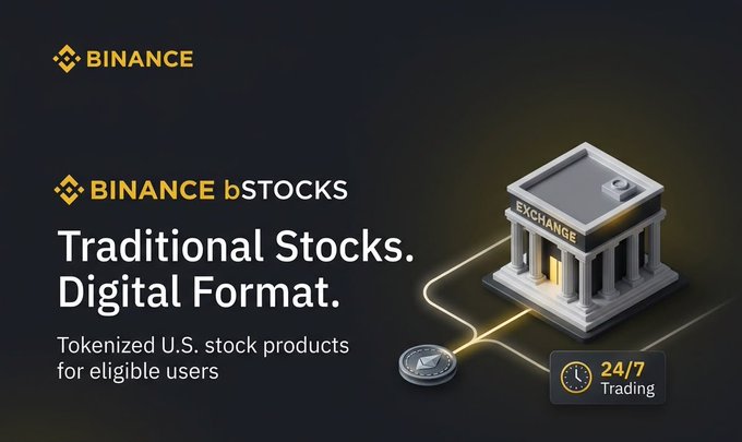 A Binance promotional banner advertises 'BINANCE bSTOCKS - Traditional Stocks. Digital Format,' featuring tokenized U.S. stock products for eligible users with 24/7 trading.