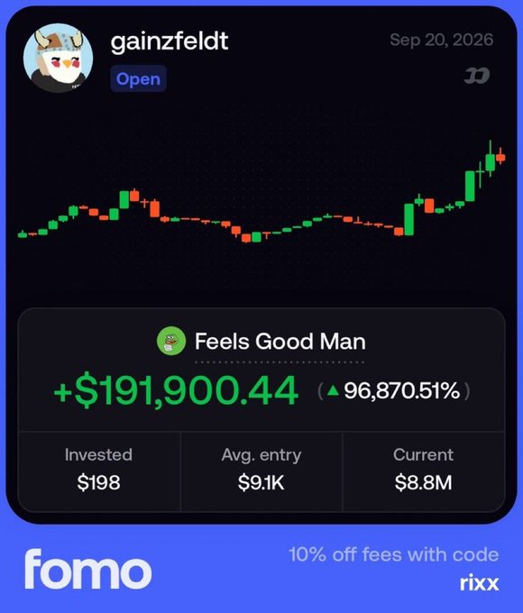 A FOMO app screenshot dated September 20, 2026 shows a trading portfolio for user "gainzfeldt" featuring the token "Feels Good Man," with an unrealized gain of +$191,900.44 (96,870.51%) from a $198 investment now valued at $8.8M, visually illustrating the poster's "$198 to $191,000 and sold none yet $feelsgood" claim of holding through massive gains.