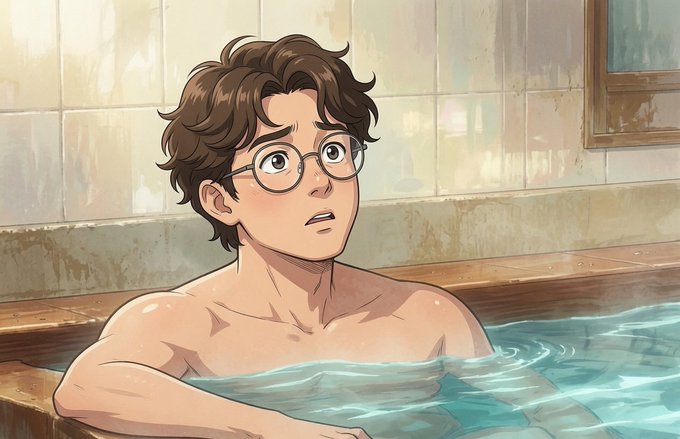 A young, bespectacled man sits in a bathtub, looking upward with a worried, perplexed expression. His anxious, contemplative mood visually mirrors the post's concern over Bitcoin's decline, reinforcing the theme that only "real added value" assets are worth holding onto in this pragmatic moment.