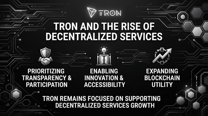 A promotional graphic for Tron blockchain titled 'TRON AND THE RISE OF DECENTRALIZED SERVICES' highlighting three pillars: 'Prioritizing Transparency & Participation', 'Enabling Innovation & Accessibility', and 'Expanding Blockchain Utility'.