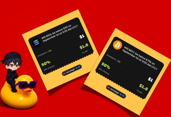 Two prediction market cards on a red background: 'Will $SOL be below $90 on September 1st?' and 'Will $BTC be below $75k on September 1st?', both offering $1.8 to win with 50% win chance.
