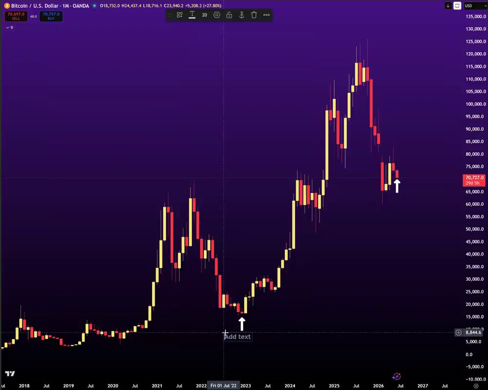 The image shows a chart displaying the value of Bitcoin over time. The chart shows a significant increase in the price of Bitcoin from 2015 to 2016, reaching an all-time high in 2017. The price then dropped slightly before rising again in 2018. The upward trend continues into 2019 with a slight decline at the end. The post refers to this data as "Saylor sold near the bottom." and provides information about what happened when Bitcoin was priced at $BTC on January 1, 2016. The image emphasizes the significant fluctuations that can occur within the cryptocurrency market over time.