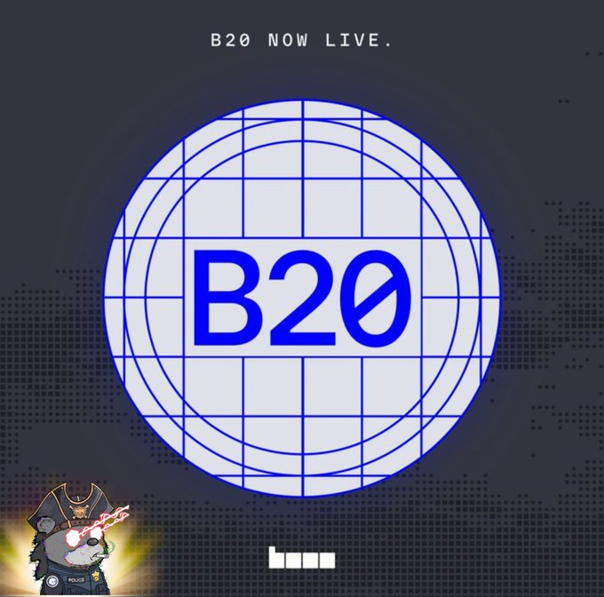 The image features a stylized globe logo with "B20" prominently displayed in the center and the text "B20 NOW LIVE." at the top, announcing the launch of B20 as a new native token standard on the Base network. The graphic is set against a dark blue background with a small character in the bottom left corner, aligning with the post's announcement of B20's integration directly into the Base blockchain protocol.
