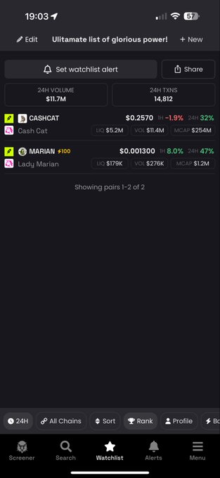 A mobile app screenshot showing a cryptocurrency watchlist titled 'Ulltamate list of glorious power!' with entries for 'CASHCAT' at $0.2570 and 'MARIAN' at $0.001300.