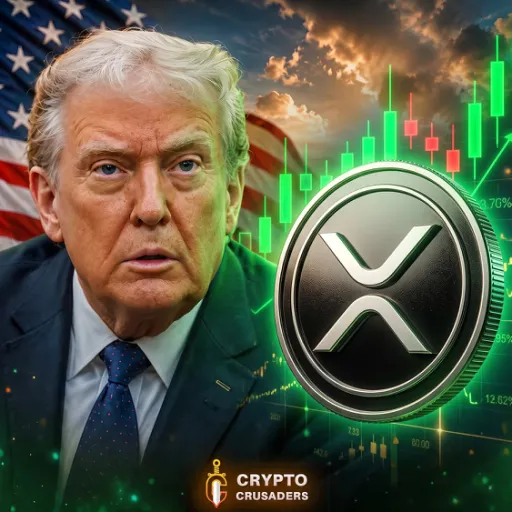 The image features President Trump alongside an XRP coin and a green candlestick chart depicting rising prices. In the background, the American flag is visible, and a "Crypto Crusaders" logo appears at the bottom, reinforcing the post's message that Trump's economic comments signal bullish momentum for XRP.