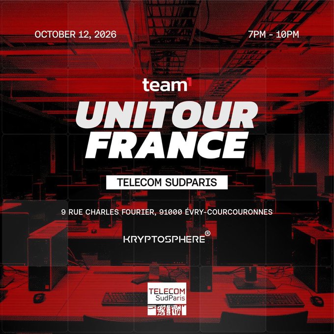 A red-toned event poster for 'team1 UNITOUR FRANCE' happening on 'OCTOBER 12, 2026' from '7PM - 10PM' at Telecom SudParis, 9 Rue Charles Fourier, 91000 Évry-Courcouronnes, featuring the Krypstosphere logo.