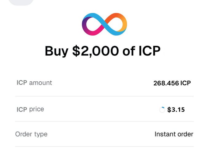 A crypto purchase confirmation screen showing the purchase of $2,000 of ICP (Internet Computer) at a price of $3.15, yielding 268.456 ICP via an instant order.