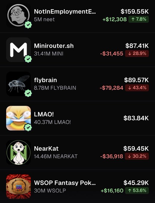 A mobile app interface displays token holdings and price changes, including 'NotInEmploymentE...' at $159.55K (+7.8%), 'Minirouter.sh' at $87.41K (-28.9%), 'flybrain' at $89.57K (-43.4%), 'LMAO!' at $83.84K, 'NearKat' at $59.45K (-30.2%), and 'WSOP Fantasy Pok...' at $45.29K (+53.6%).