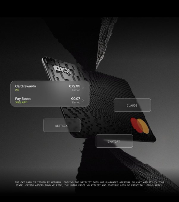A black OKX crypto card is displayed against a dark background, featuring rewards information showing €72.95 earned through Card rewards (2%) and Pay Boost (3.5% APY*). The card also displays logos for Claude, Netflix, and ChatGPT, illustrating the card's spending categories tied to the OKX Card campaign.