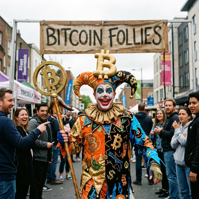A photo showing a person in an elaborate jester costume decorated with Bitcoin logos, holding a Bitcoin scepter under a 'BITCOIN FOLLIES' banner at an outdoor street festival.