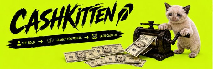 A promotional banner for 'CASHKITTEN' featuring a kitten operating a money press, with text indicating 'YOU HOLD CASHKITTEN PRINTS EARN CASHCAT' on a lime green background.