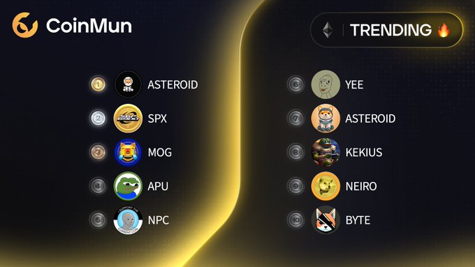 A CoinMun "Trending" leaderboard displays the top 10 cryptocurrencies, with $SPX (SPX6900) ranked #2 and $ASTEROID appearing twice at #1 and #7, alongside other tokens like $MOG, $APU, $NPC, $YEE, $KEKIUS, $NEIRO, and $BYTE. The image highlights $SPX's strong trending position, reinforcing the post's promotion of #SPX6900.