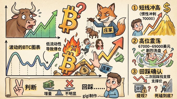A cartoon-style Bitcoin market infographic featuring a bull and fox controlling prices with a puppet, showing a volatile BTC chart with a low-liquidity short squeeze, and a three-step analysis: ① a short squeeze rushing to 70,000, ② high-level oscillation between 67,000-69,000 USD with severe volatility, and ③ a pullback confirming a second search for support.