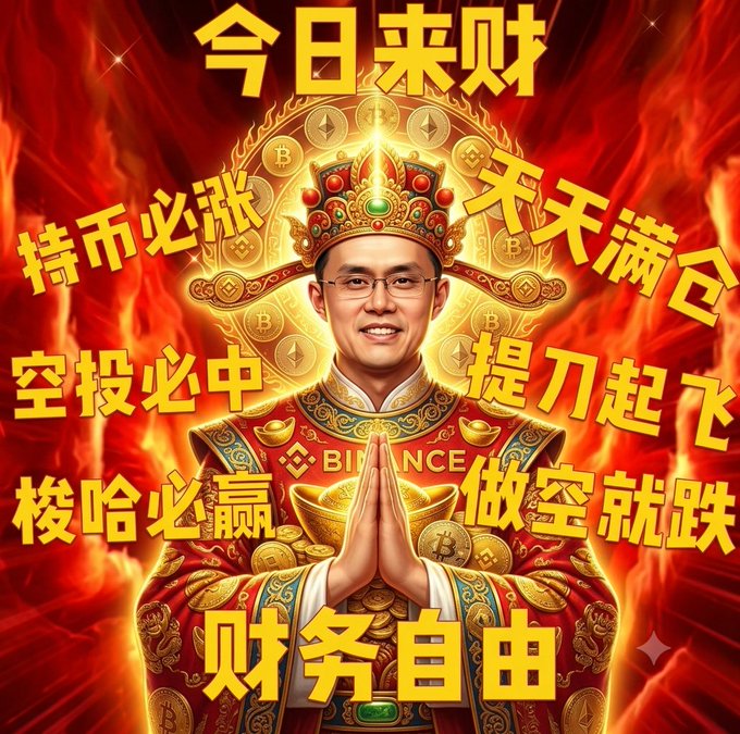 A meme image of CZ (Binance founder) dressed as a Chinese deity with golden aura, surrounded by Chinese text promoting crypto wealth, airdrops, and '财务自由' (financial freedom), with Binance and Bitcoin logos.