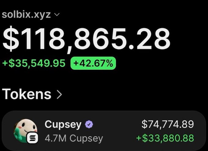 A screenshot of the solbix.xyz portfolio tracker shows a balance of $118,865.28 with a +42.67% gain (+$35,549.95), driven largely by a 4.7M token position in "Cupsey" worth $74,774.89 (+$33,880.88), suggesting the user is showcasing profitable crypto trading gains to promote their calls on a Telegram channel (t.me/fluffyalpha).