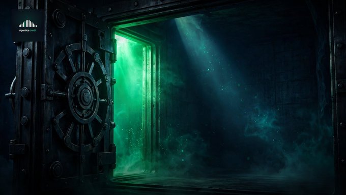 A dark, atmospheric image showing a large metal vault door ajar, with eerie green light and smoke spilling out from inside. A logo for 'Agentica Credits' is visible in the top left corner.