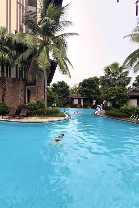 A resort swimming pool surrounded by palm trees with a person swimming in the water.