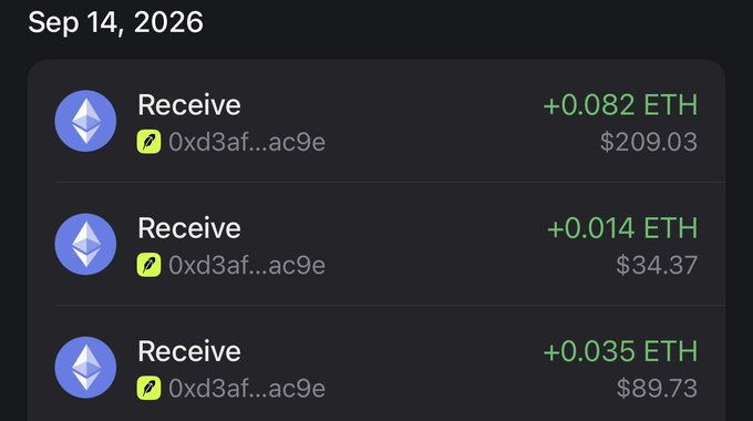 The image shows three "Receive" transactions of Ethereum (ETH) totaling +0.131 ETH ($332.13) from the address 0xd3af...ac9e on September 14, 2026, likely representing the free crypto airdrop being promoted in the post about claiming "Atitty" tokens via the ponsfamily.com launchpad.