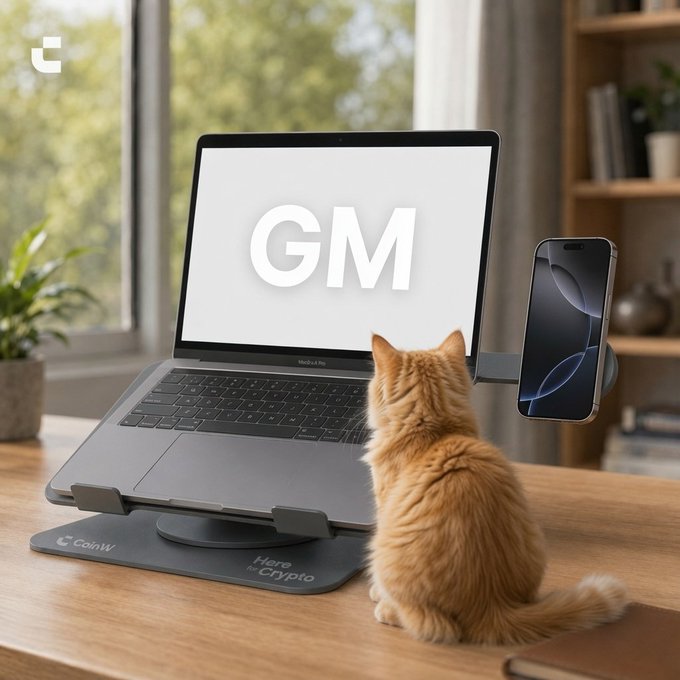 An orange tabby cat sitting in front of a laptop displaying 'GM' (Good Morning) and an iPhone on a stand, with 'CoinW' and 'Here for Crypto' branding on the desk mat.