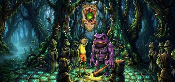 A fantasy illustration of frog characters in a dark swamp, featuring a menacing purple frog with a baseball bat confronting a frog in orange shorts, with a 'SNAP THOSE FROG LEGS' banner hanging in the background.