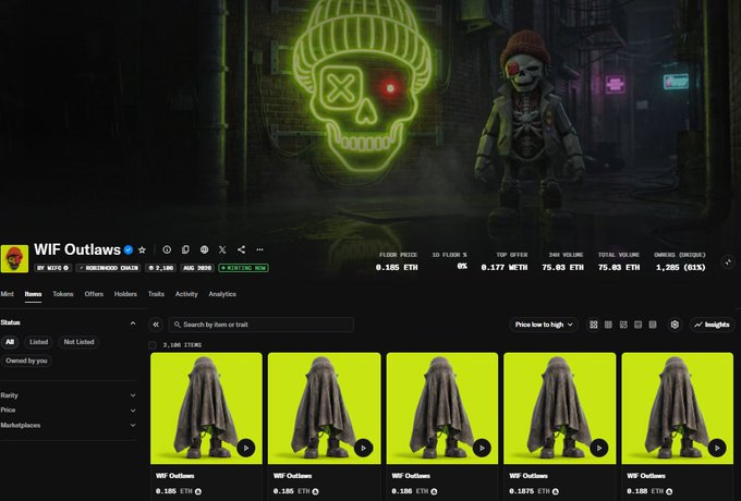 An OpenSea NFT marketplace page for the 'WIF Outlaws' collection, displaying multiple identical cloaked character NFTs listed at 0.185 ETH, priced in memecoin.