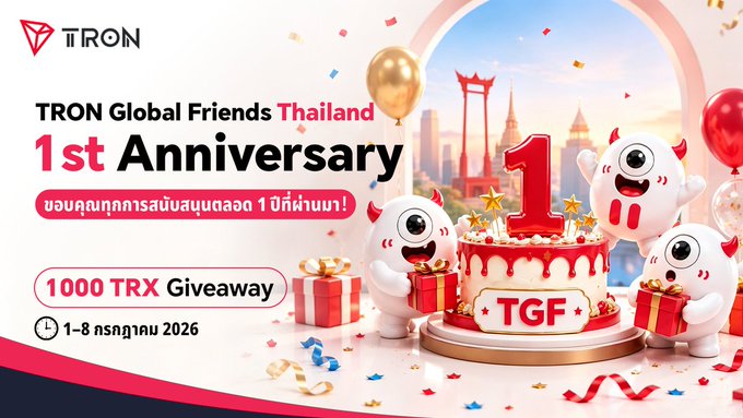 The image is a festive promotional banner for "TRON Global Friends Thailand 1st Anniversary" featuring white mascot characters, balloons, a cake with the number "1," and text announcing a "1,000 TRX Giveaway" running from 1-8 July 2026, which relates to the post announcing the 10 lucky winners of the 100 TRX prizes.