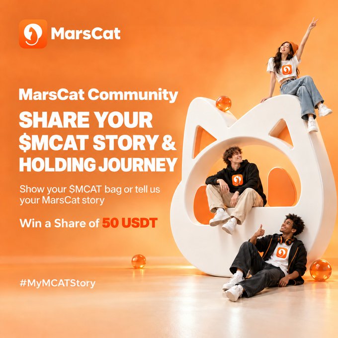A MarsCat promotional advertisement invites users to 'SHARE YOUR $MCAT STORY & HOLDING JOURNEY' to win a share of 50 USDT, featuring people posing with a large cat-shaped structure.