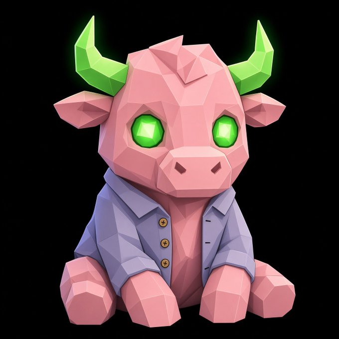 A low-poly, 3D-rendered pink baby bull with glowing green eyes and horns sits against a black background, wearing a light blue button-up shirt. The cute mascot reflects the "BABYANSEM" token shown in the post, serving as an adorable profile picture that matches the author's enthusiasm for the project.