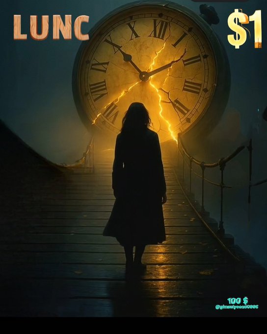 A moody, surreal image shows a silhouetted figure standing on a wooden bridge facing a giant cracked clock face glowing with golden light. Text overlays read 'LUNC' in the top-left and '$1' in the top-right, with '100 $' and a Twitter handle '@ghostecon0306' at the bottom.
