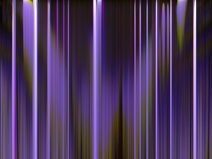 An abstract digital artwork or glitch effect with vertical streaks of purple, yellow, and dark colors.