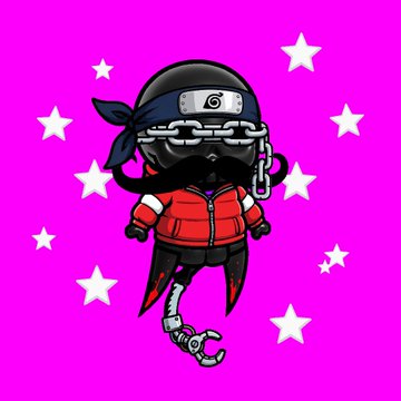 A cartoon ninja character wearing a red jacket and black bandana, with chains wrapped around the head covering the eyes, set against a pink background with white stars.