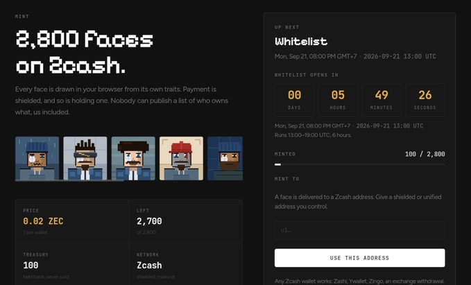 A digital marketplace interface titled "2,800 Faces on Zcash." showing pixel art face NFTs. Details include a price of "0.02 ZEC", "2,700 LEFT of 2,800", and an "UP NEXT" whitelist countdown showing "00 DAYS, 05 HOURS, 49 MINUTES, 26 SECONDS".