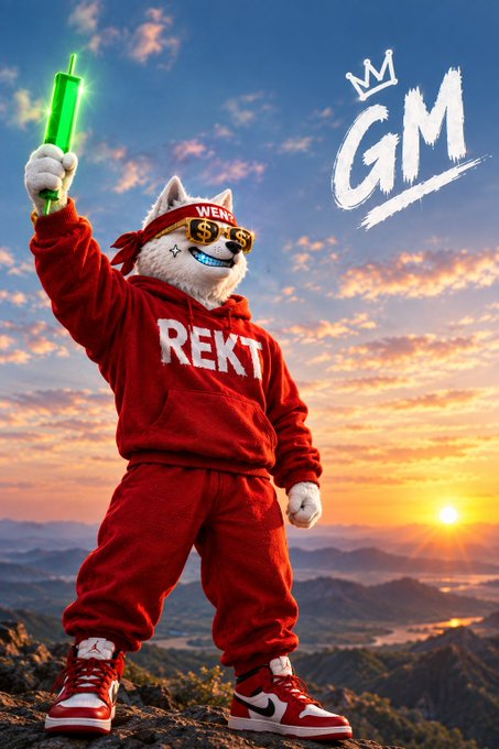 An anthropomorphic dog mascot wearing a red 'REKT' hoodie, 'WEN' sunglasses, and Nike sneakers holds a green syringe aloft, with a 'GM' crown logo displayed in the upper right.