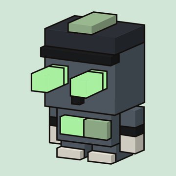 A stylized 3D voxel-style illustration of a dark gray character with green geometric eyes, mouth, and accents, standing against a light mint green background.