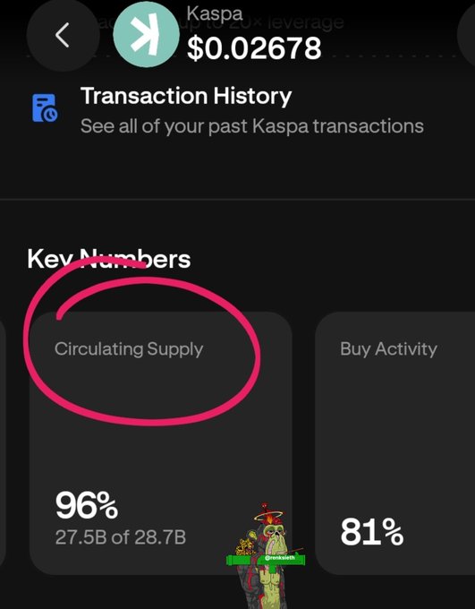 The image shows that 96% of the total $KAS supply is already circulating, while the buy activity sits at 81%.