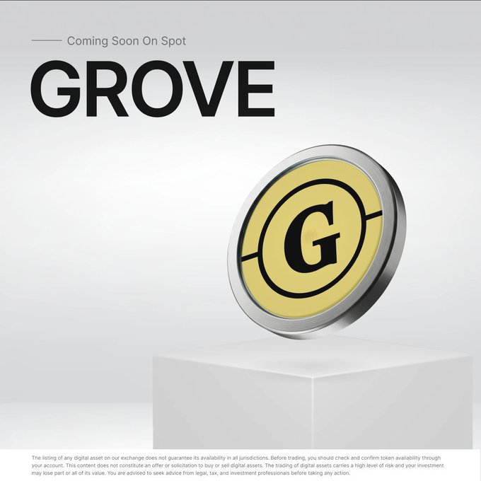 Bitrue promotional graphic reading 'Coming Soon On Spot - GROVE' featuring a gold and black 'G' coin token on a white pedestal, with a regulatory disclaimer at the bottom.