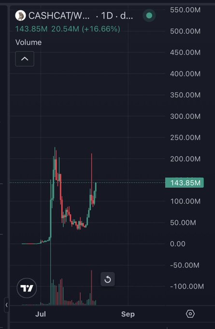 A candlestick chart of $CASHCAT/W on a 1-day timeframe, showing recent volatility with the token trading around 143.85M (up 16.66%) and a 24-hour volume of 20.54M, with price action spiking sharply in July before consolidating.