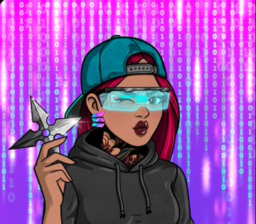 A stylized digital illustration depicts a woman with red hair, a backwards cap, glowing blue sunglasses, and a black hoodie, holding a shuriken against a purple binary code background.