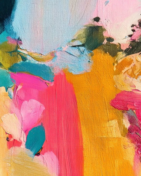 A close-up of an abstract painting with thick brushstrokes in vibrant shades of pink, yellow, teal, and white.