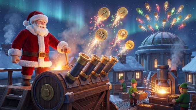 A 3D animated Christmas scene showing Santa Claus standing on a treasure chest next to a wooden cannon firing festive coins and fireworks, with elves working in the background near a forge and a domed building.