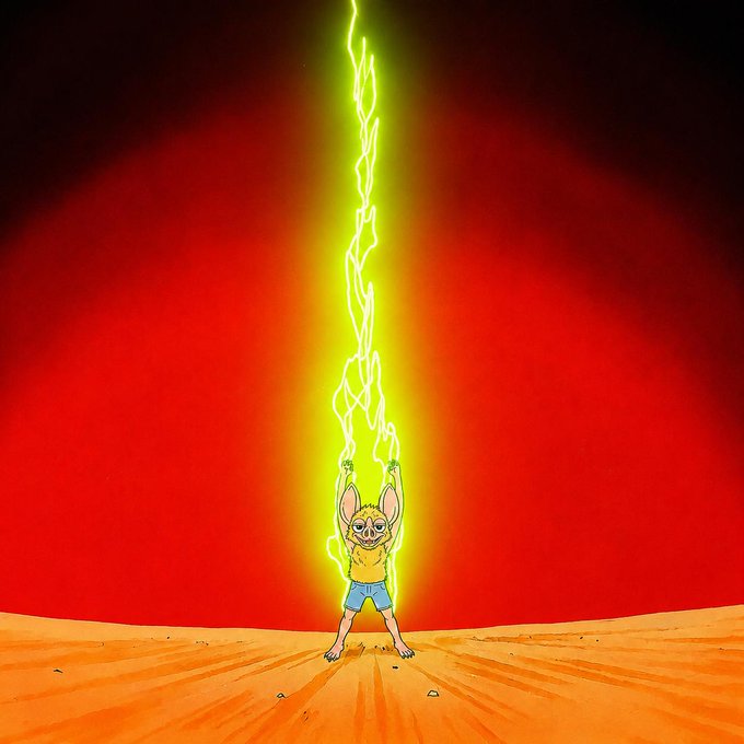 A cartoon illustration of a small, cute, furry creature in blue shorts standing on a desert landscape, raising its arms to summon a dramatic bolt of green lightning against a red sky.