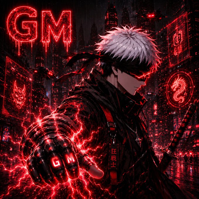 An anime-style illustration features a silver-haired character with glowing red eyes and lightning effects, wearing a robotic glove displaying 'GM' on the knuckles, set against a neon-lit cyberpunk cityscape with large red 'GM' lettering and dragon/hannya emblems in the background.