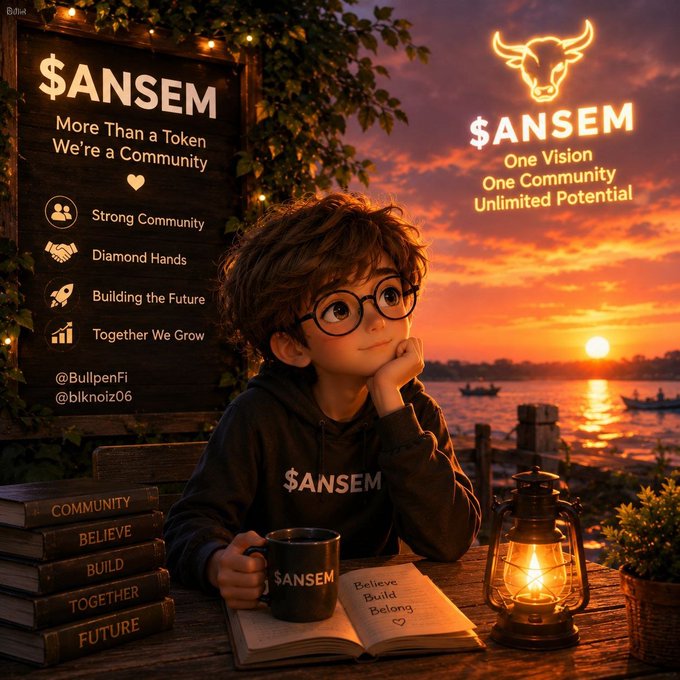 A contemplative child wearing an "$ANSEM" hoodie sits at a wooden table holding a branded mug beside an open journal inscribed with "Believe, Build, Belong," illuminated by a warm lantern against a sunset waterfront. Surrounding the scene are promotional elements including a "$ANSEM" bull logo, the tagline "One Vision, One Community, Unlimited Potential," and a list of community values alongside a stack of books labeled "Community, Believe, Build, Together, Future." The imagery visually reinforces the post's message about community, trust, and collective effort, embodying the belief that a shared vision is achieved through unity rather than working alone.