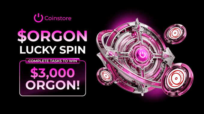 A promotional banner for 'Coinstore' advertising an '$ORGON LUCKY SPIN' to win '$3,000 ORGON!' by completing tasks, featuring a futuristic pink wheel/lucky spin mechanism.