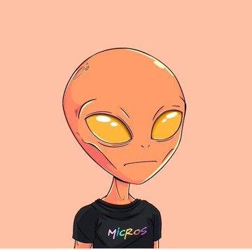 A digital illustration of a cartoon alien character with large yellow eyes and an orange head, wearing a black t-shirt with 'MICROS' written in colorful letters against a peach background.