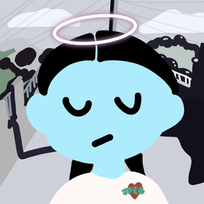 A cartoon illustration of a light blue character with closed eyes and a halo above their head, wearing a white shirt with a small heart logo reading 'JPES'.