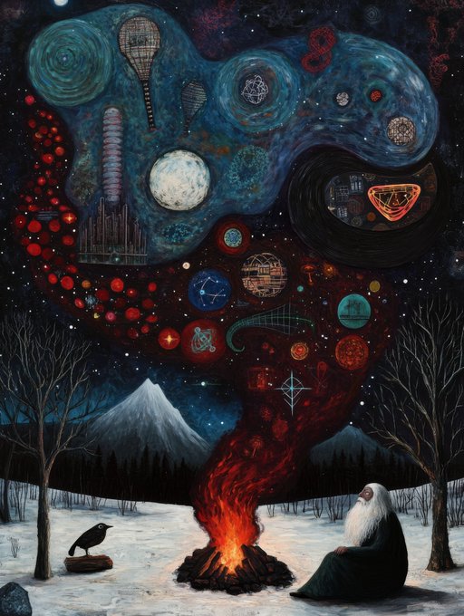 Surreal painting of a bearded sage in a snowy landscape beside a campfire, with a swirling cosmic sky filled with planets, symbols, and a snow-capped mountain.