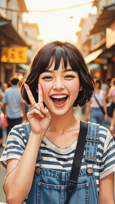 An anime-style illustration of a smiling young woman with short black hair making a peace sign, wearing a blue and white striped shirt under denim overalls, set in a busy street.